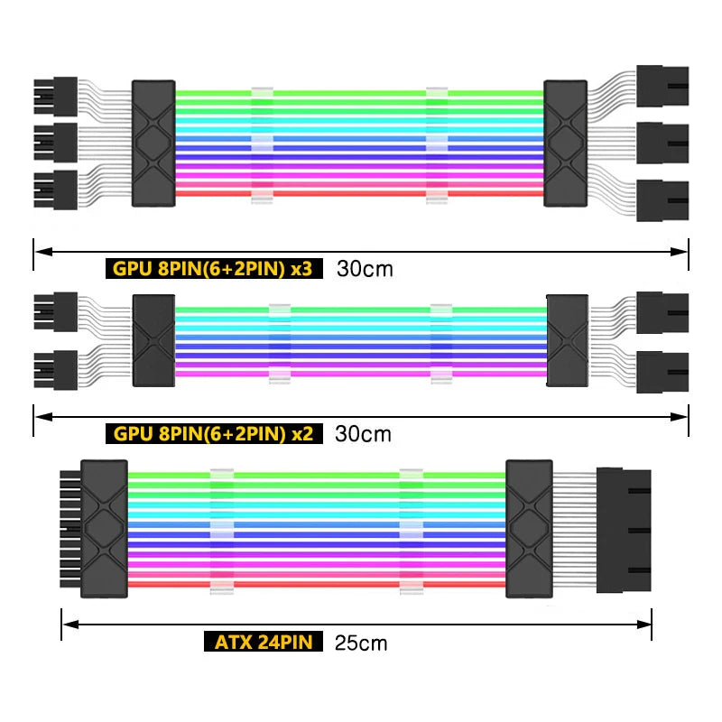 18AWG ARGB Sync PSU Power Supply Extension Cable Kit - ATX 24PIN, VGA GPU PCI-E 8PIN 6PIN