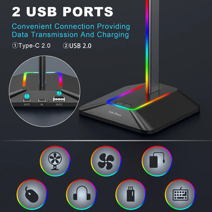 RGB Headphone Stand with Type-C USB Ports