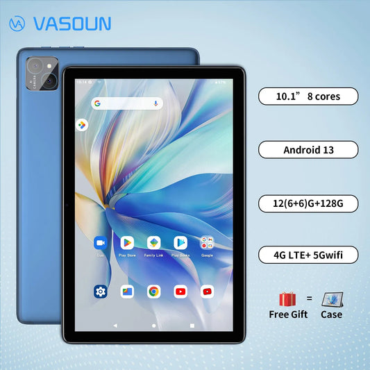 VASOUN Android 13 Tablet 10.1": 12GB(6+6 Expand) RAM, 128GB ROM, Octa Core, Dual SIM 4G Unlocked with 2.4G/5G WiFi GPS.