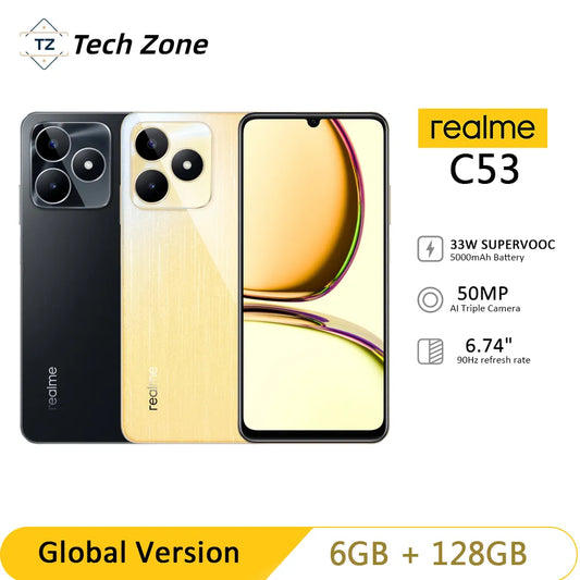 Realme C53: 33W SUPERVOOC Charge, 5000mAh Battery, 50MP AI Camera, 6.74" 90Hz Display, 6GB RAM, 128GB ROM, Smartphone.