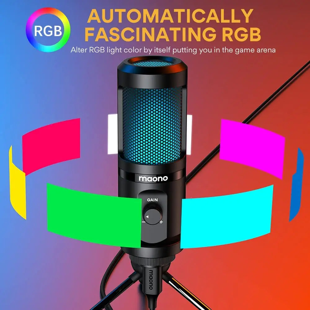 MAONO Gaming USB Microphone - Desktop Condenser Podcast Microfono for Recording and Streaming with Breathing Light PM461TR RGB